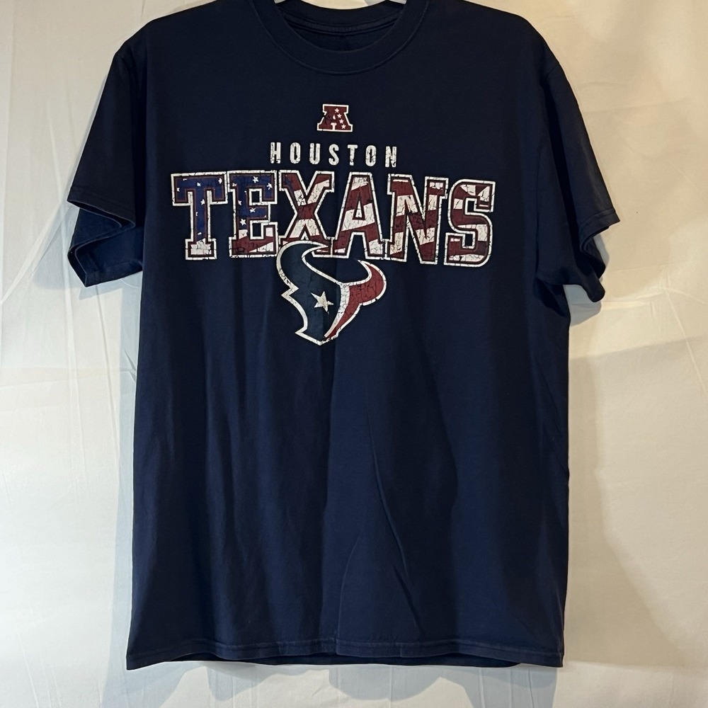 NFL Team Apparel Mens Medium Houston Texans Football Blue Shirt‎ American Flag